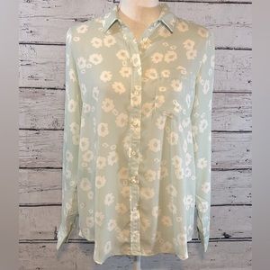 LEFTIES Button Down Blouse Green & White Floral Print-Medium (EUR)